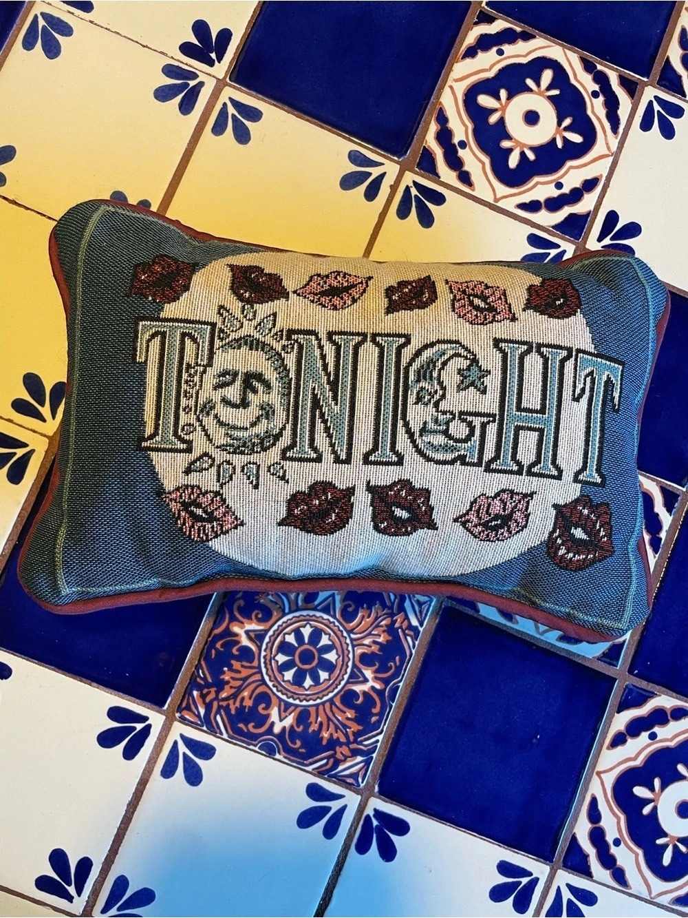 Vintage Needlepoint Celestial “Tonight” “Not Tonight” Naughty Nice Pillow